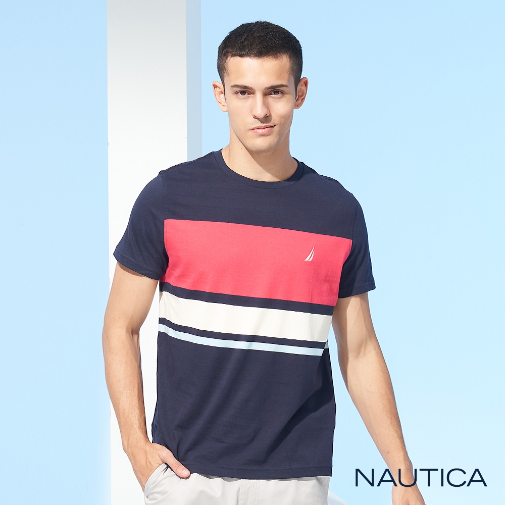 Nautica男裝撞色條紋短袖T恤-藍