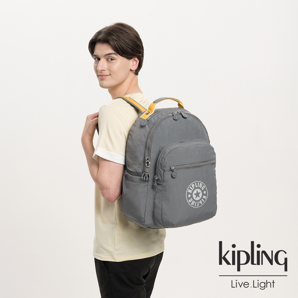 Kipling 質地灰品牌經典圓標機能手提後背包-SEOUL