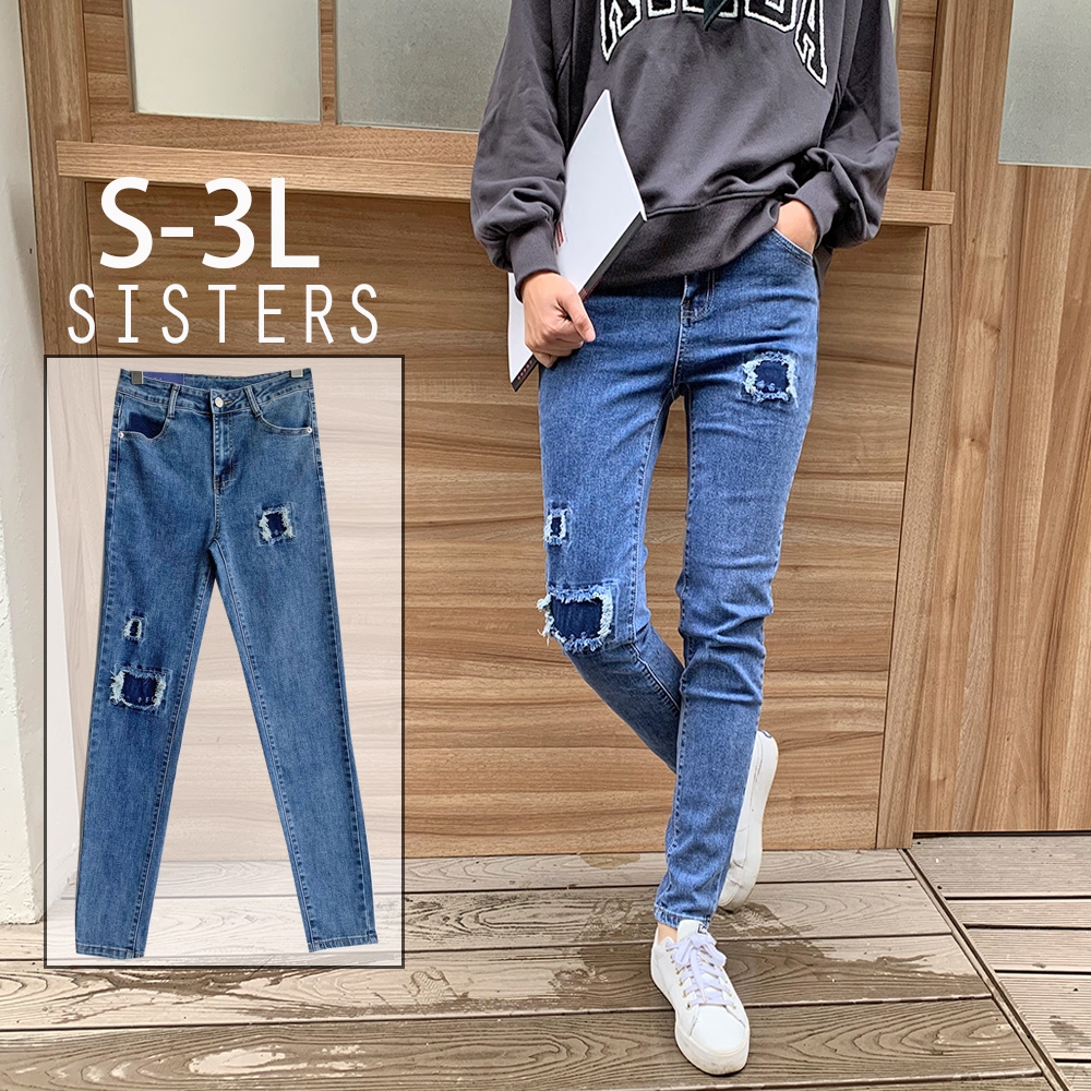 SISTERS 破損風格丹寧補丁窄管牛仔褲/S-3L