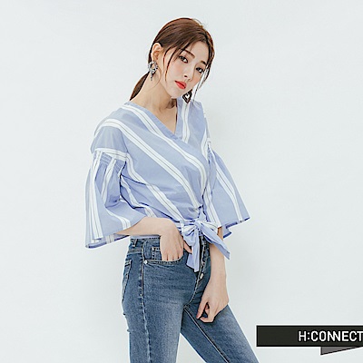 H:CONNECT 韓國品牌 女裝-交叉綁結造型上衣-藍