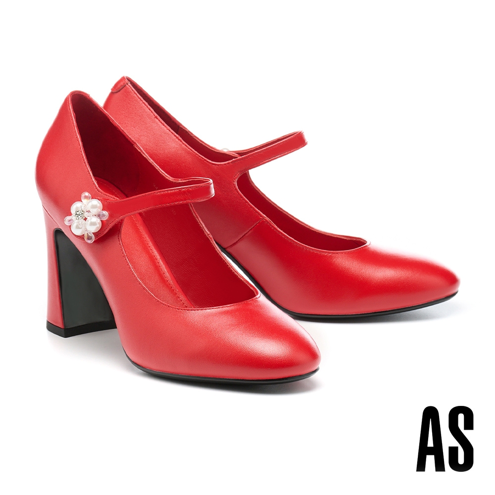 高跟鞋 AS 復古時髦水滴珍珠鑽花羊油皮瑪莉珍美型高跟鞋－紅