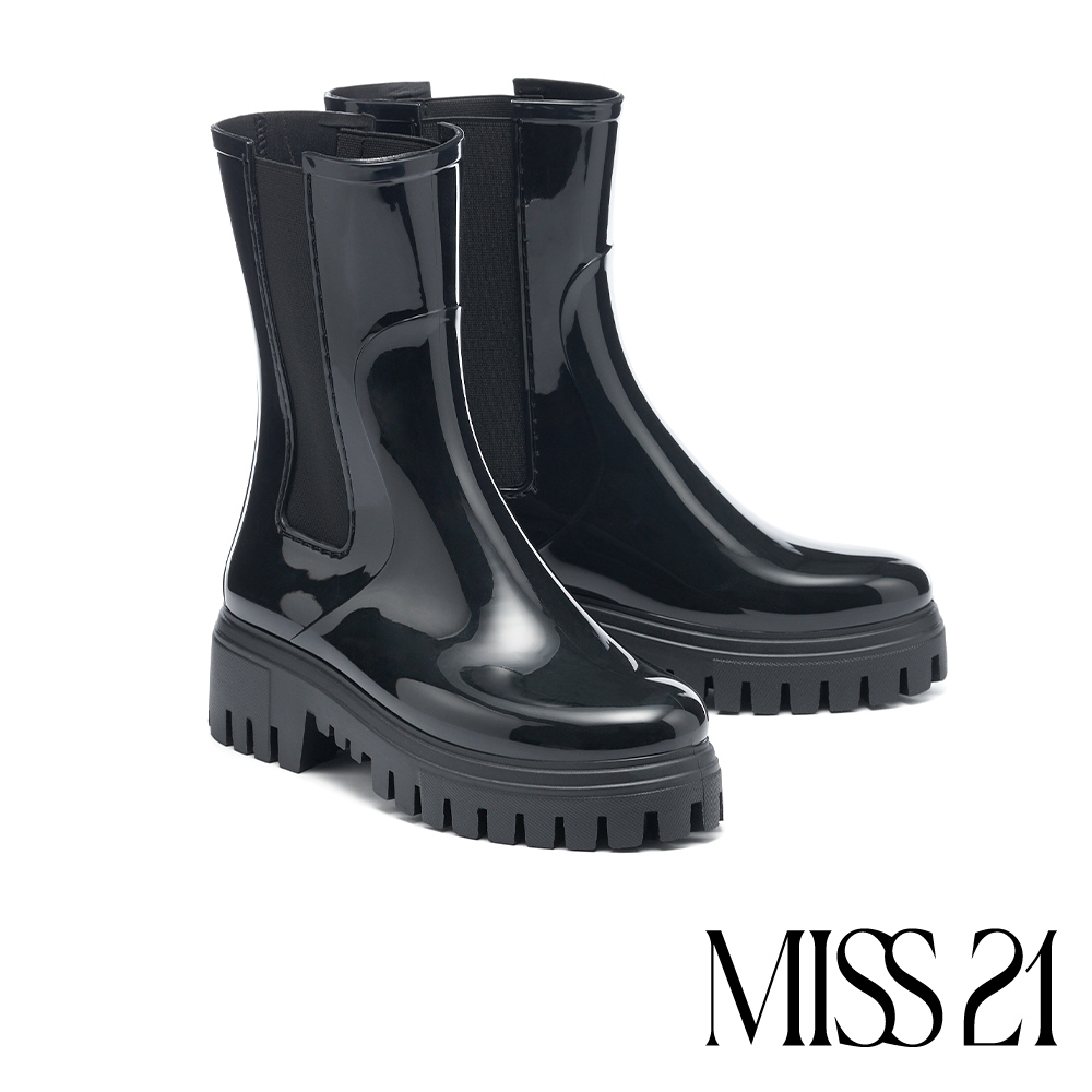 中筒靴 MISS 21 經典日常純色切爾西厚底中筒雨靴－黑