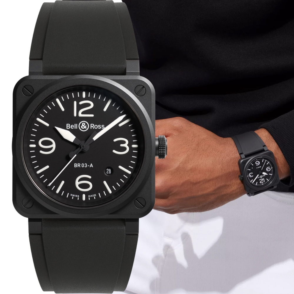 Bell&Ross 黑色啞光陶瓷方形機械腕錶-41mm BR03A-BL-CE/SRB