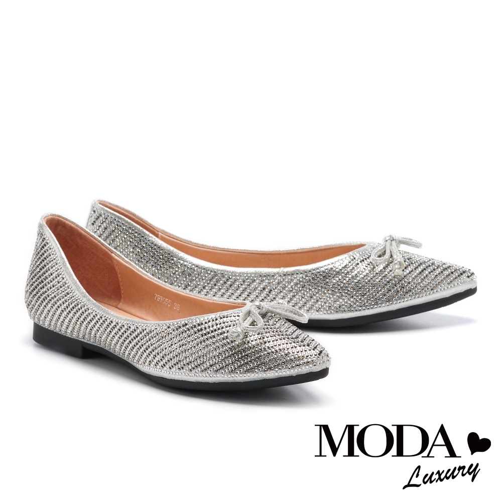 低跟鞋 MODA Luxury 華麗閃耀雙色水鑽蝴蝶結尖頭低跟鞋－銀