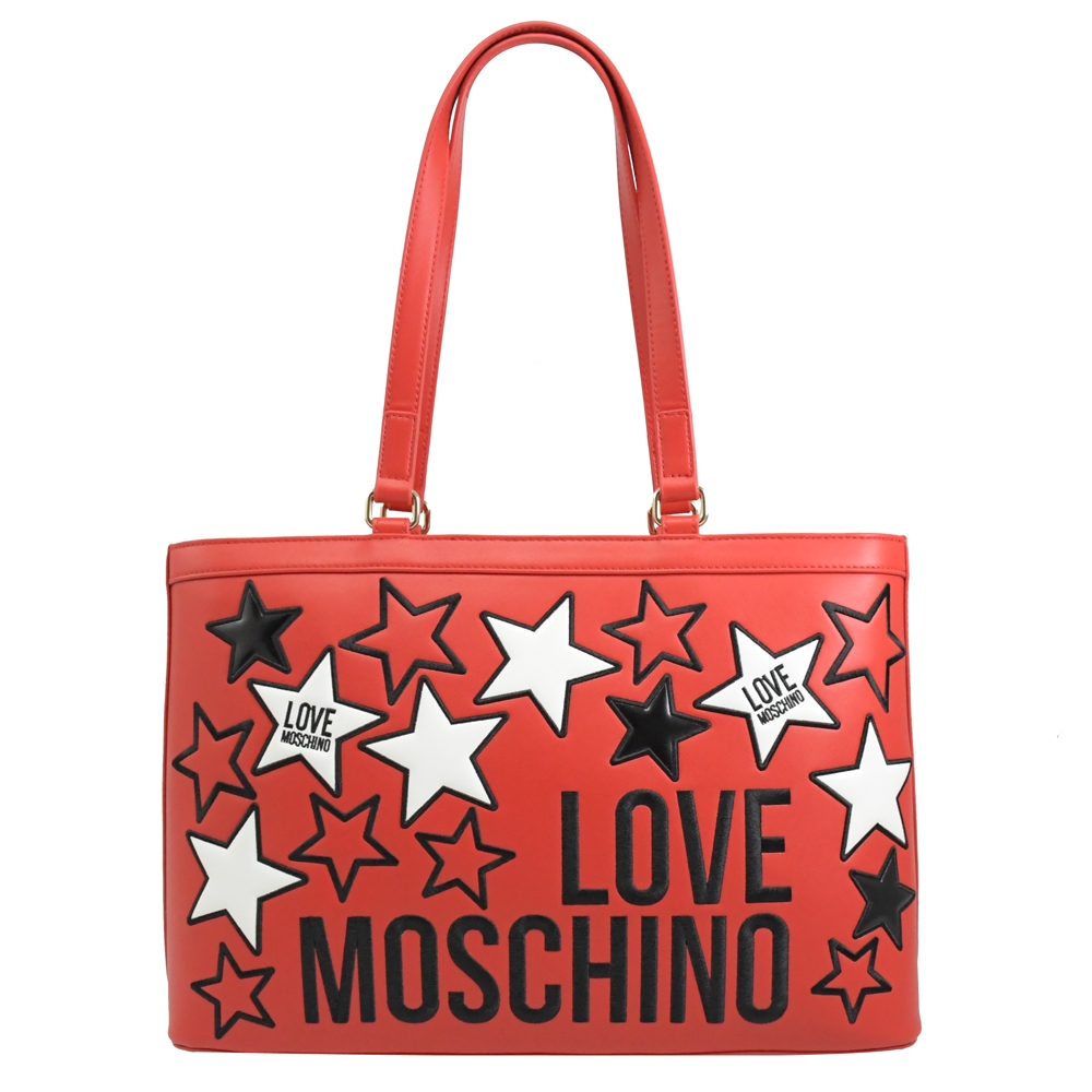 MOSCHINO LOVE系列星星圖案大LOGO拉鍊托特包(紅)