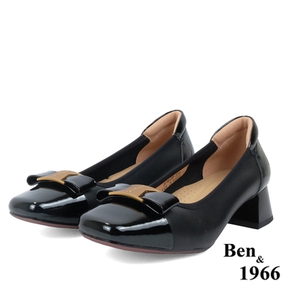 Ben&1966高級頭層牛皮大方金屬釦方頭粗跟鞋-黑(238051)