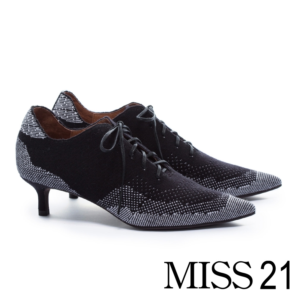 高跟鞋 MISS 21 獨特圖騰異材質拼接綁帶高跟鞋－黑