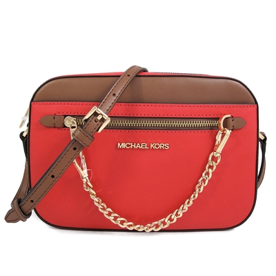 MICHAEL KORS Jet Set Item 金字Logo防刮皮革金鏈妝點斜背方包(西班牙紅色-大)