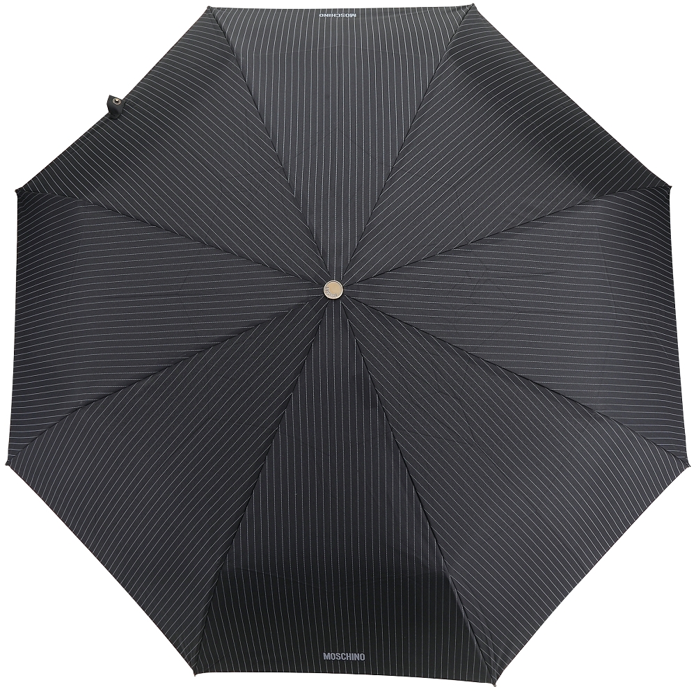 MOSCHINO 抗UV 條紋字母皮革拐杖手把折疊晴雨傘(黑色)