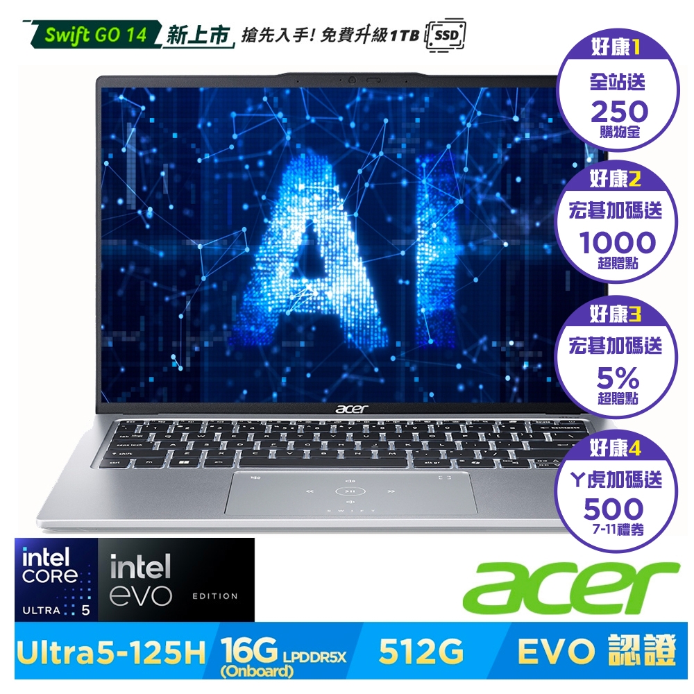 Acer 宏碁 Swift Go SFG14-73-59JD 14吋AI輕薄筆電(Core Ultra 5-125H/16GB/512GB/Win11)｜EVO認證