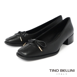 Tino Bellini 巴西進口復古方頭蝴蝶結牛皮粗跟鞋-黑