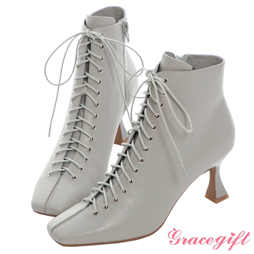 (時尚美靴)Grace gift X Rui-聯名全真皮復古方頭馬甲高跟短靴 淺灰