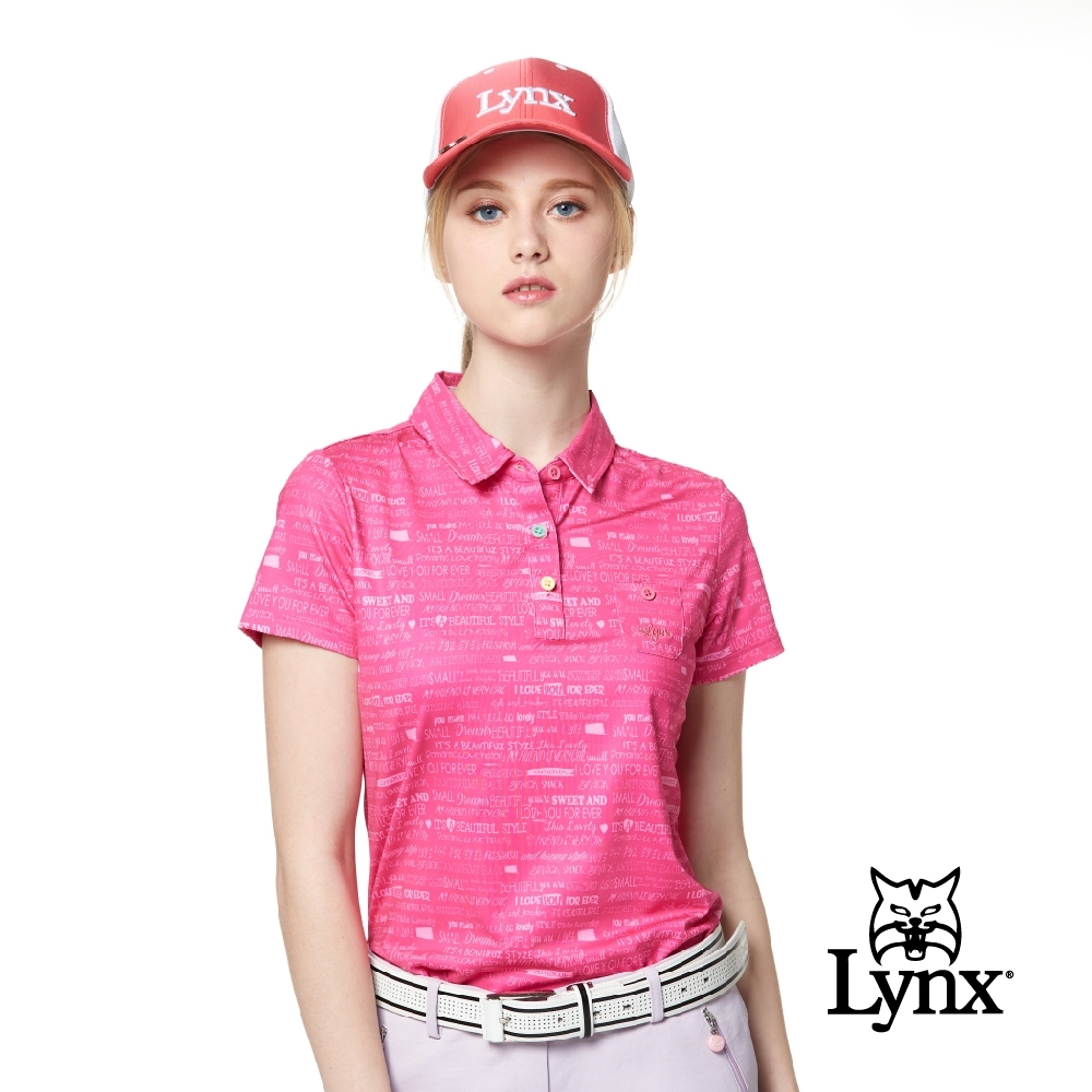 【Lynx Golf】女款吸濕排汗合身版小胸袋英文印花短袖POLO衫-桃紅色