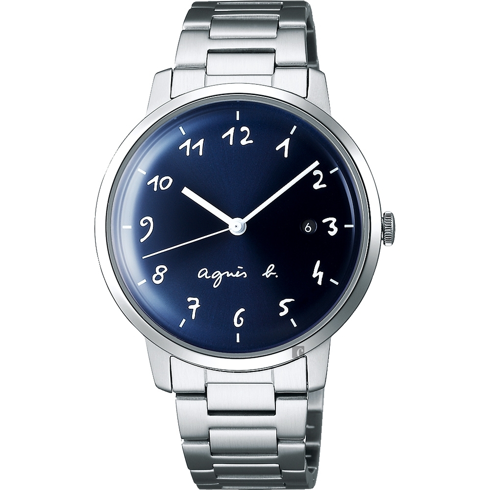 agnes b. 簡約時尚手寫時標手錶(BG8006X1)-藍x銀/37mm