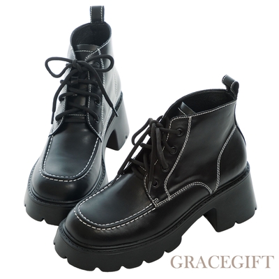 【Grace gift】精緻女孩車線厚底短靴 黑