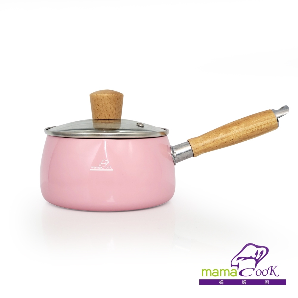 義大利Mama Cook日式木柄縮口陶瓷不沾牛奶鍋組-粉紅色(14cm附蓋)