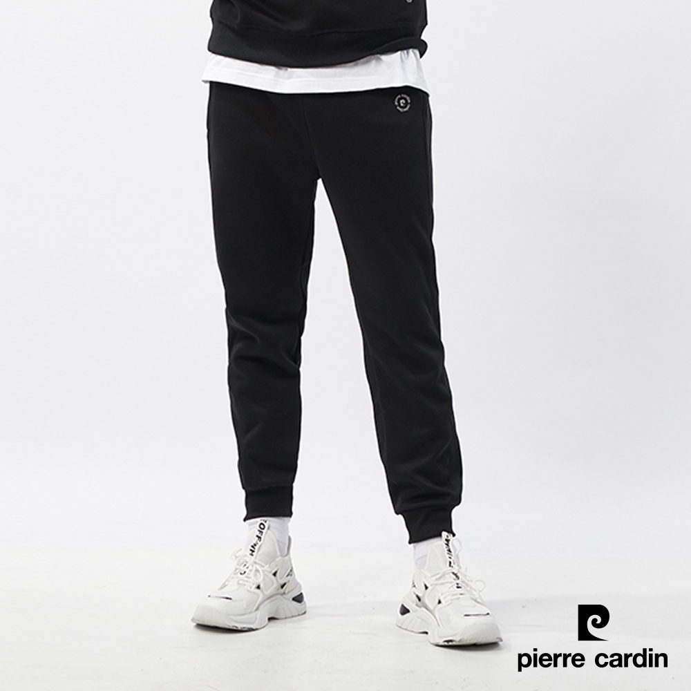 Pierre Cardin皮爾卡登 男女同款 彈力鬆緊抽繩束口運動棉褲(多色任選) (黑色系)
