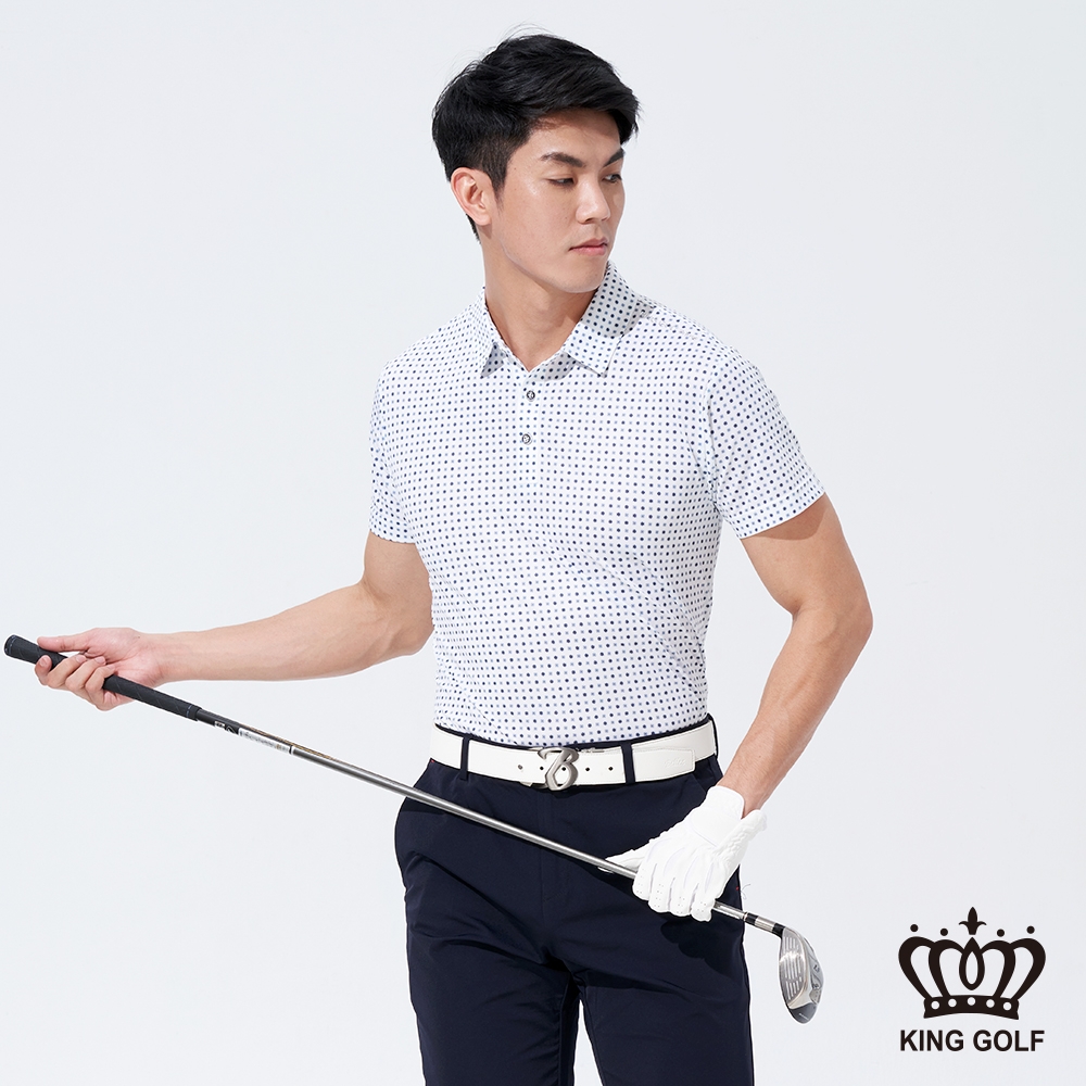 【KING GOLF】男款小細格紋滿版印花POLO衫/高爾夫球衫-丈青