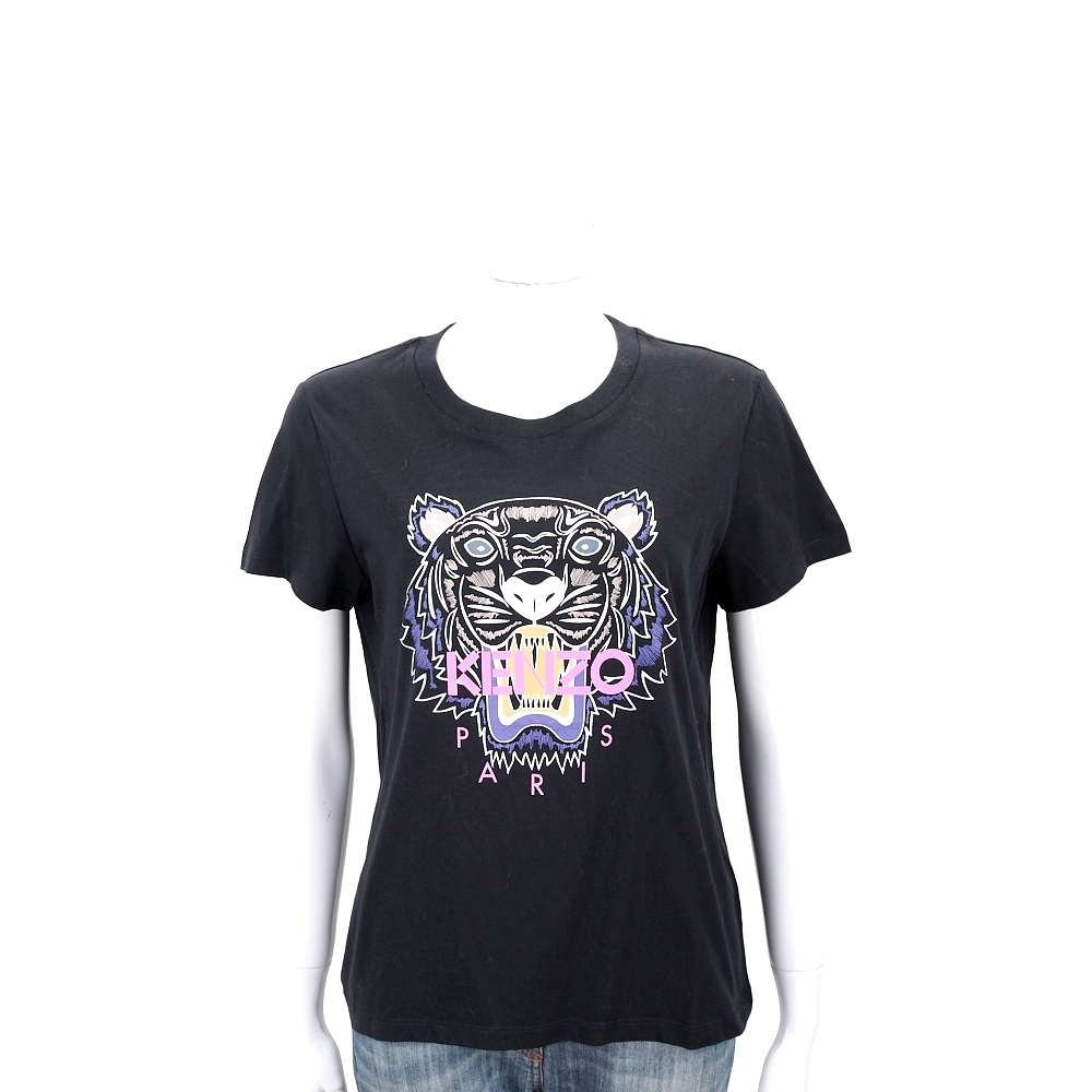 KENZO Tiger 紫彩虎頭字母印花黑色短袖T恤