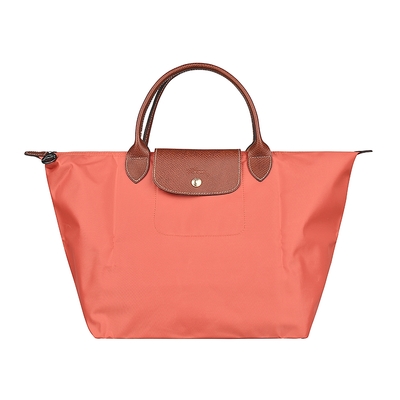 LONGCHAMP LE PLIAGE系列壓印LOGO尼龍摺疊短提把拉鍊手提包(中/暈紅)