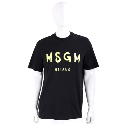 MSGM 塗鴉螢光黃字母黑色棉質短袖TEE T恤(男款)
