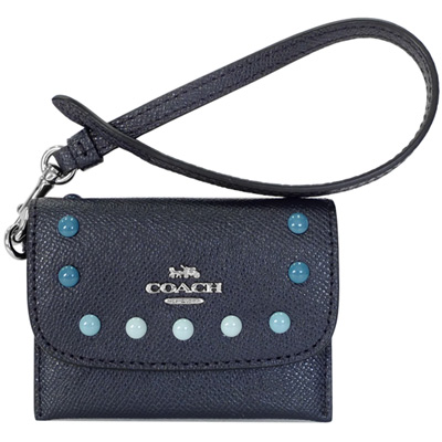 COACH深藍防刮全皮鉚釘手掛釦式翻摺名片卡夾