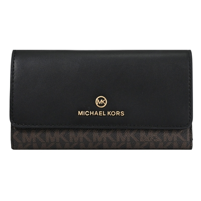 MICHAEL KORS Jet Set Charm 新版金屬LOGO荔枝皮革三折式長夾(黑/深咖)