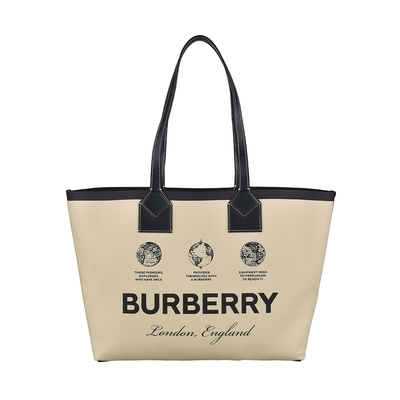 BURBERRY London字母LOGO地球設計織布搭滾邊牛皮手提肩背子母托特包(中/米)