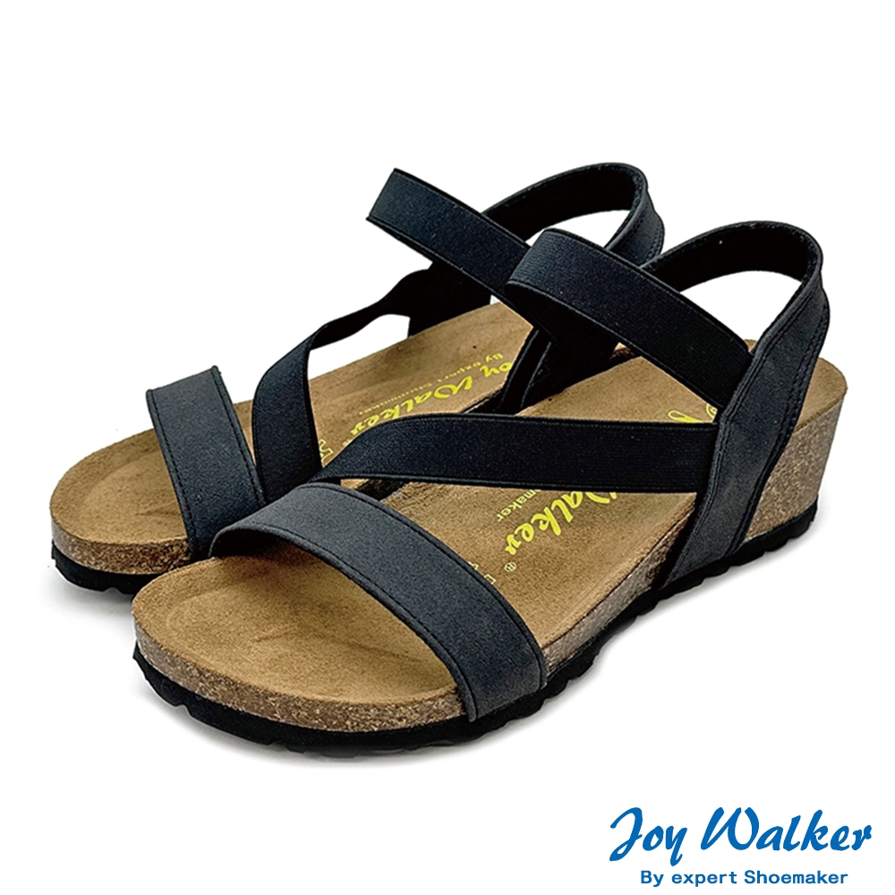 Joy Walker 一字鬆緊 圓頭 露趾 軟木涼鞋 黑色 素面厚底 合成皮革 繞踝 楔型 休閒舒適 柔軟鞋墊 1476P