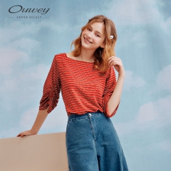 OUWEY歐薇 抽摺造型袖條紋上衣(米/紅)