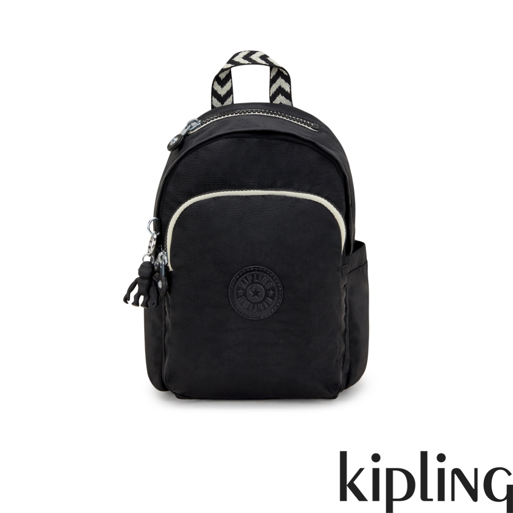 Kipling 黑色人字纹拼接拉鍊式小巧收納後背包-DELIA MINI