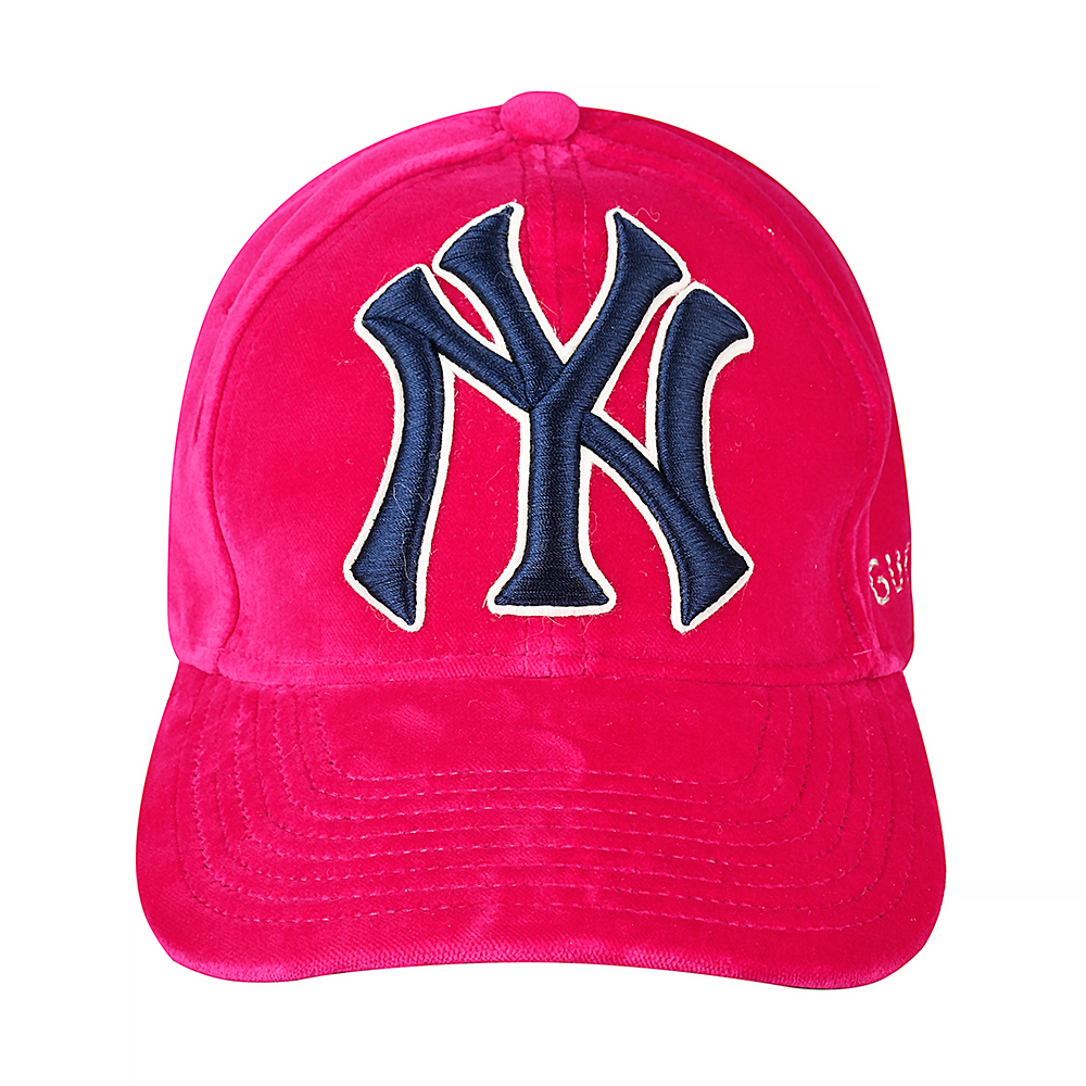 GUCCI經典刺繡LOGO NY Yankees聯名款絨布棒球帽(玫紅)