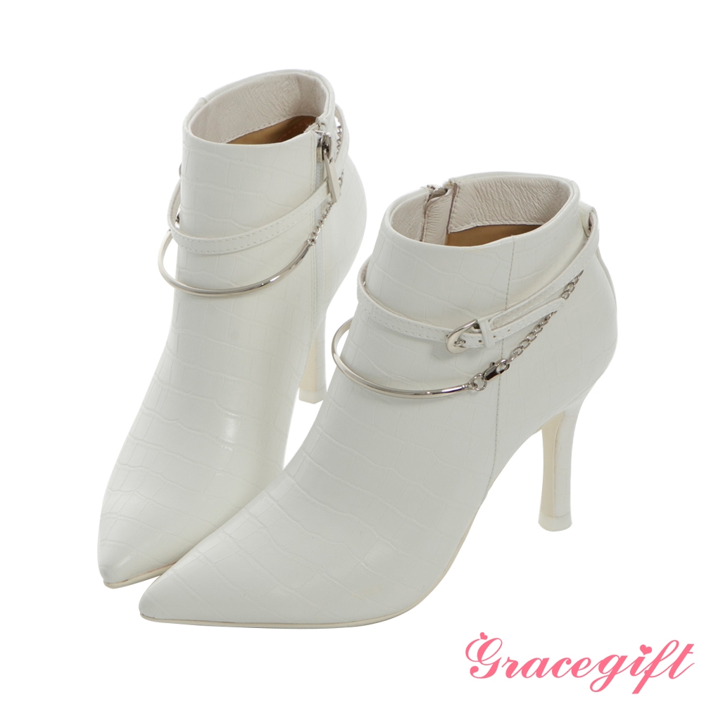 Grace gift X Mandy-聯名異材質雙踝帶尖頭細跟靴 白它料