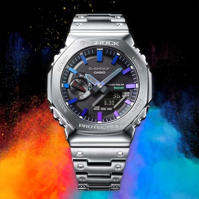CASIO 卡西歐 G-SHOCK 八角全金屬 彩虹光譜 太陽能藍芽雙顯手錶 送禮推薦-百搭銀 GM-B2100PC-1A