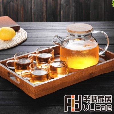 Fit Vitae羋恬家居 中式竹蓋晶透玻璃茶壺組(一壺四杯)