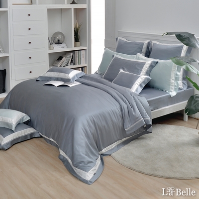義大利La Belle 法式品味 加大天絲拼接四件式防蹣抗菌吸濕排汗兩用被床包組(共兩色)-灰色