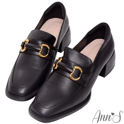 Ann’S訂製立體金扣-方頭粗跟樂福鞋4.5cm-黑
