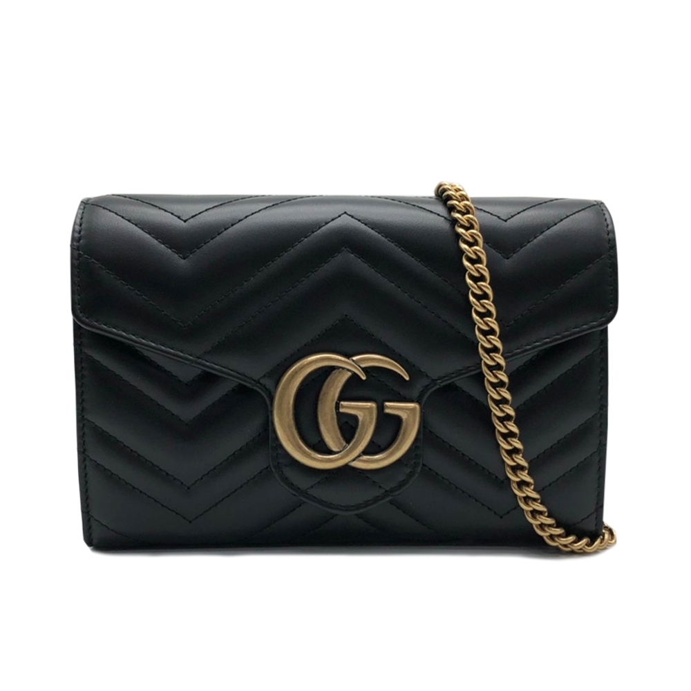 GUCCI Marmont 仿舊金雙G logo 牛皮斜背包(447632-黑)