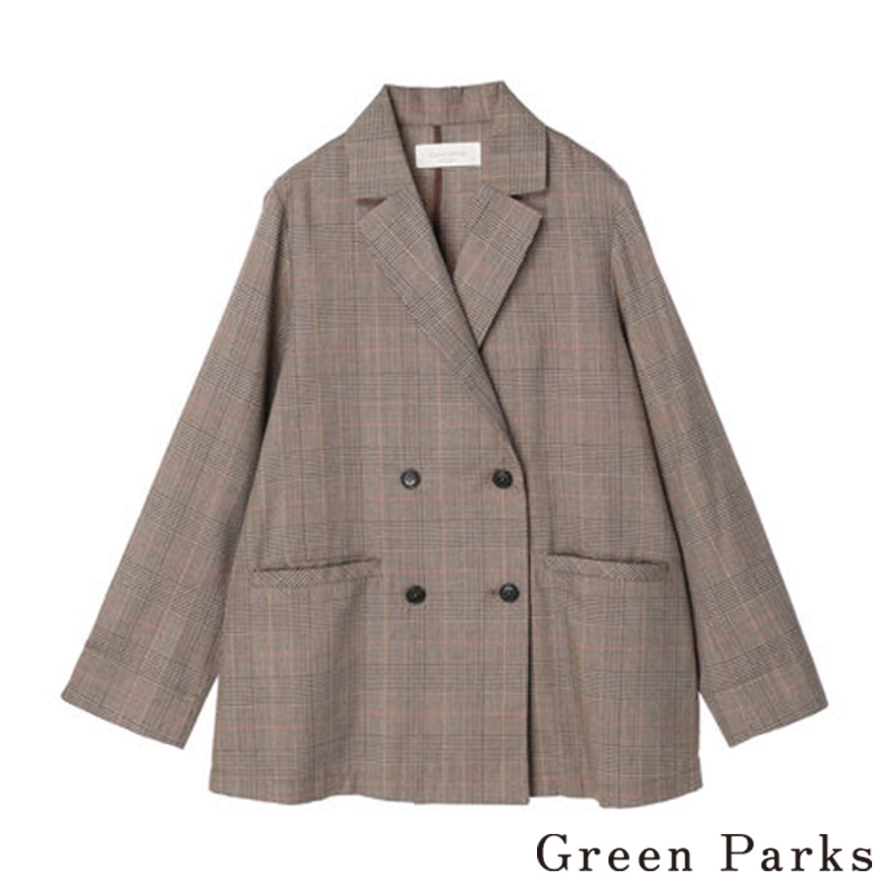 Green Parks 格紋/素面雙排扣剪裁西裝外套