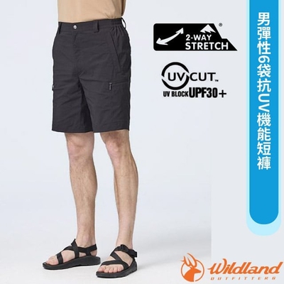 【荒野 WildLand】男 彈性6袋抗UV機能短褲.休閒運動褲.工作褲_0B21392-54 黑色