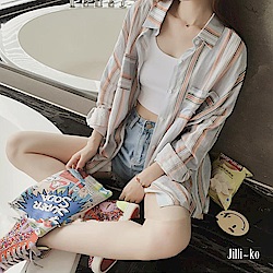 Jilli-ko 韓版寬鬆條紋防曬衫- 橘/藍