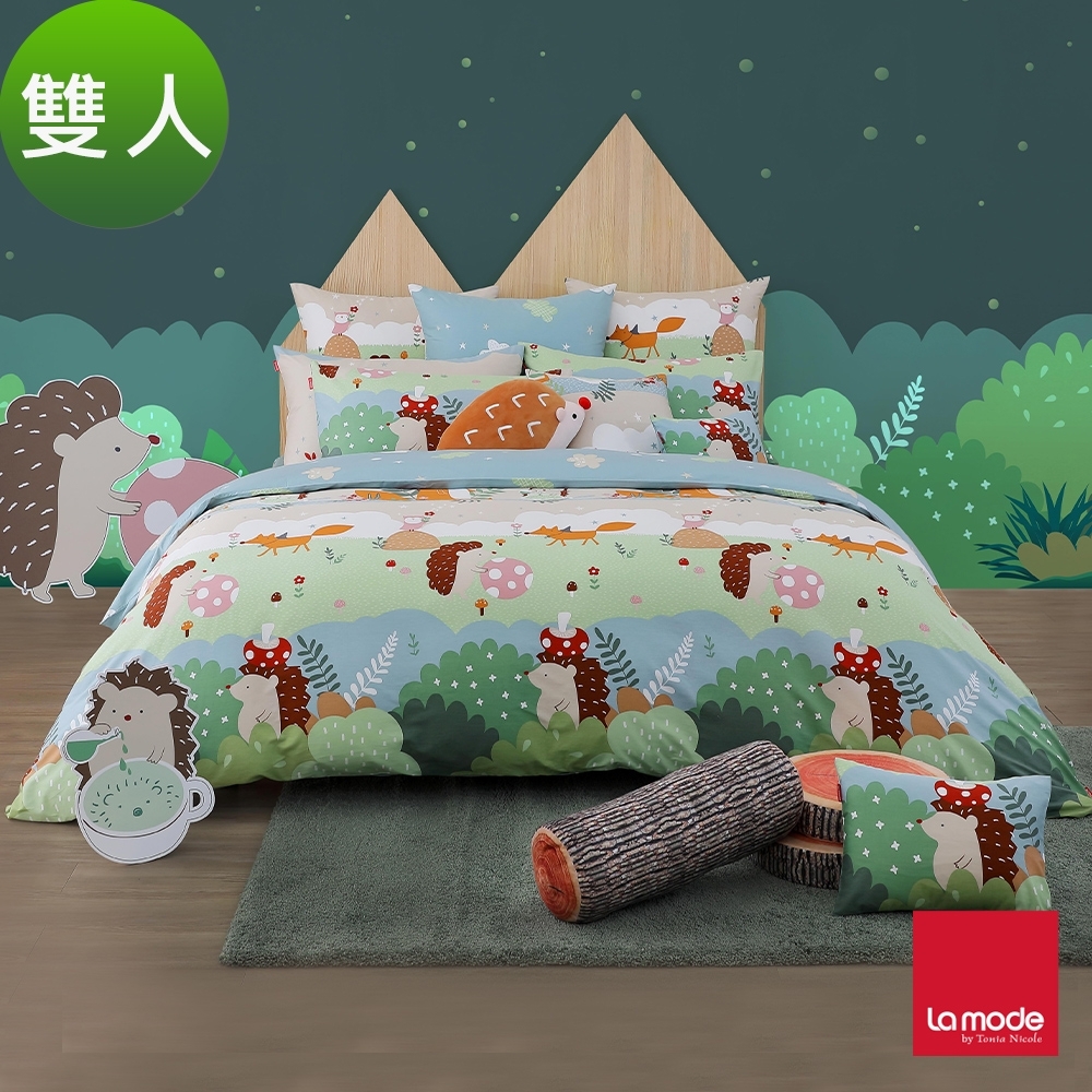 (活動)La Mode寢飾 魔力小森林環保印染100%精梳棉兩用被床包組(雙人)