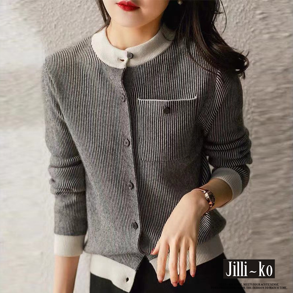 JILLI-KO 圓領細直條紋氣質針織衫- 黑色