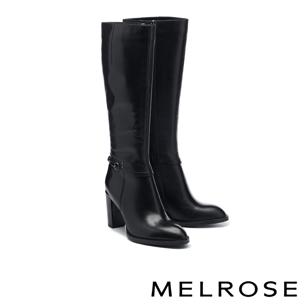 長靴 MELROSE 時髦俐落飾釦光感牛皮美型高跟長靴－黑