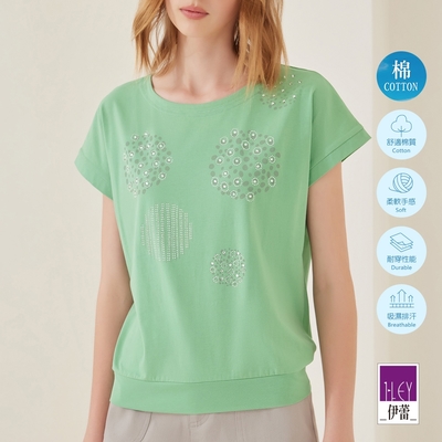 ILEY伊蕾 波點燙鑽連袖棉質上衣(綠色；M-XL)1232081214
