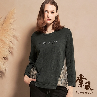 【TOWNWEAR棠葳】復古斜織紋拼接抽繩上衣(女上衣/女上著/長袖/格紋/鑽飾/印字)