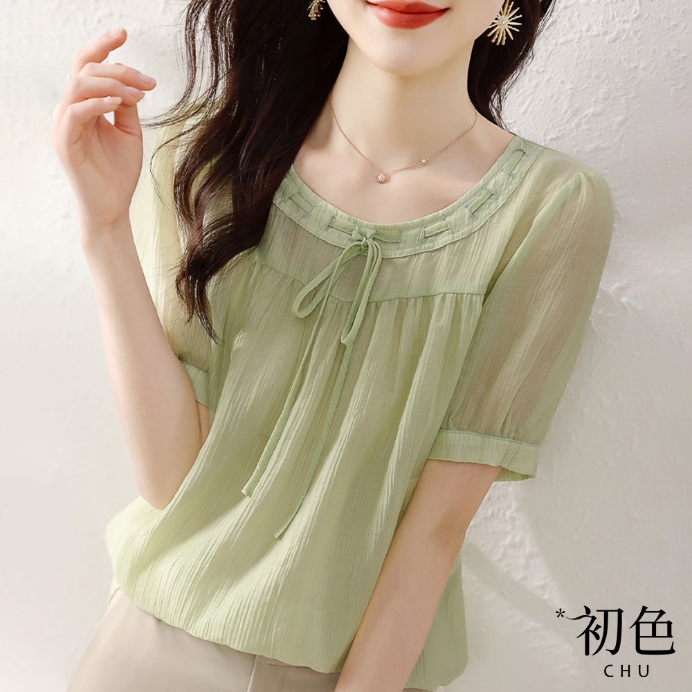 初色  短袖素色薄款拼接圓領雪紡襯衫上衣-綠色-68114(M-2XL可選)