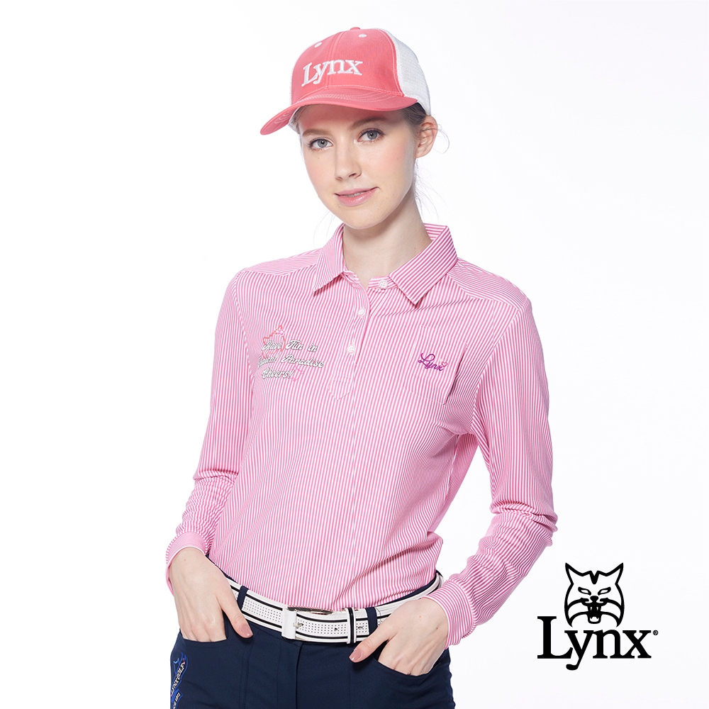 【Lynx Golf】女款吸汗速乾抗UV經典條紋花色長袖POLO衫/高爾夫球衫-粉紅色