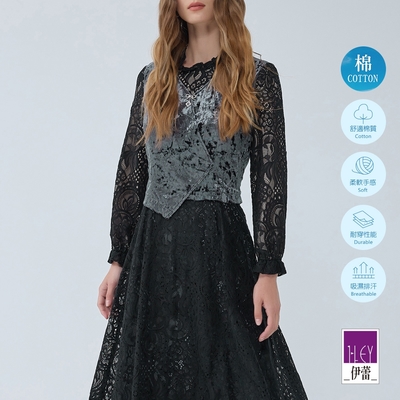 ILEY伊蕾 蕾絲拼接天鵝絨假兩件洋裝(黑色；M-XL)1234017108