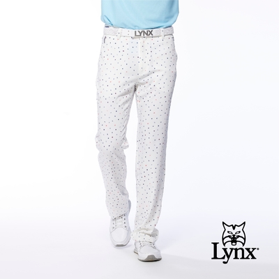 【Lynx Golf】男款吸溼排汗彈性舒適滿版英文字體印花設計平口休閒長褲-白色